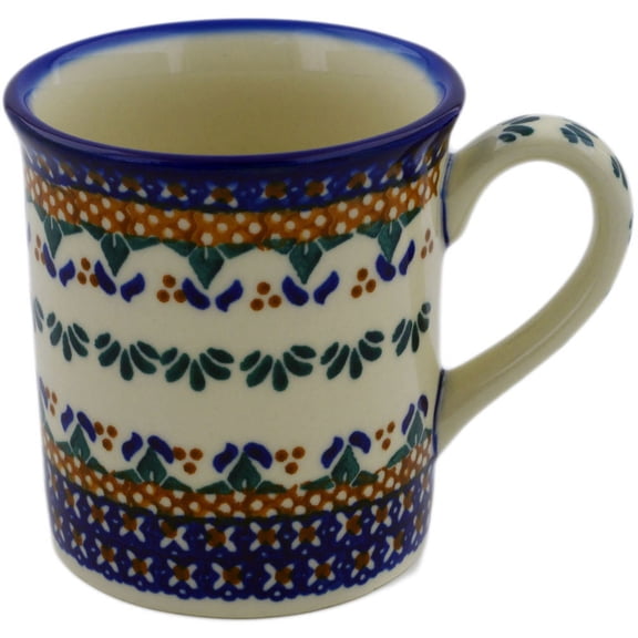 Polish Pottery 7 oz Mug (Blue Cress Theme) Signature UNIKAT Hand Painted in Boleslawiec, Poland Certificate of Authenticity