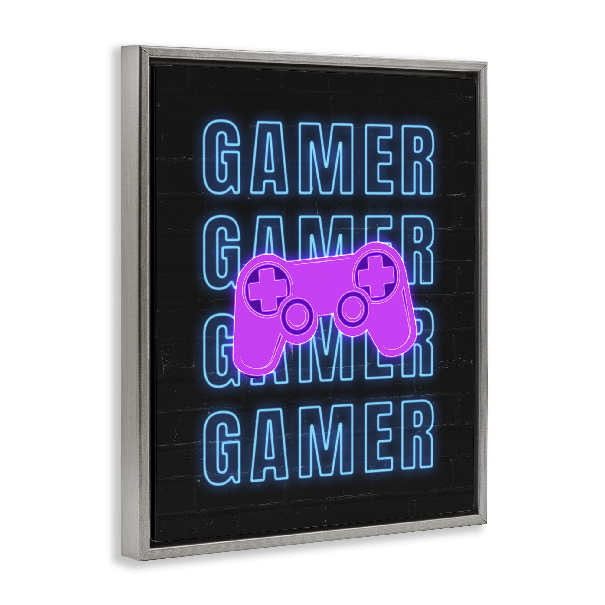 Stupell Industries Neon Gamer Words Typography Painting Gray Floater Framed Art Print Wall Art, 25 x 31