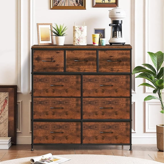 Nextay 9 Drawer Dresser, Wide Chest Of Drawers Nightstand Storage Tower Storage Dresser Fabric Dresser With Wood Top for Living Room, Bedroom, Brown
