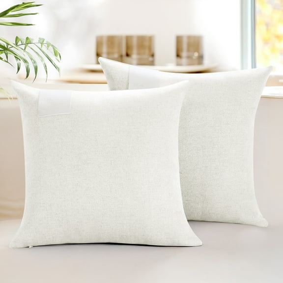 ZOPZO Linen Throw Pillow Covers 2-Pack, Off-White, 18x18 Inch, Cushion Cases with Leather Label, Boho Accent for Couch Sofa Bed Living Room