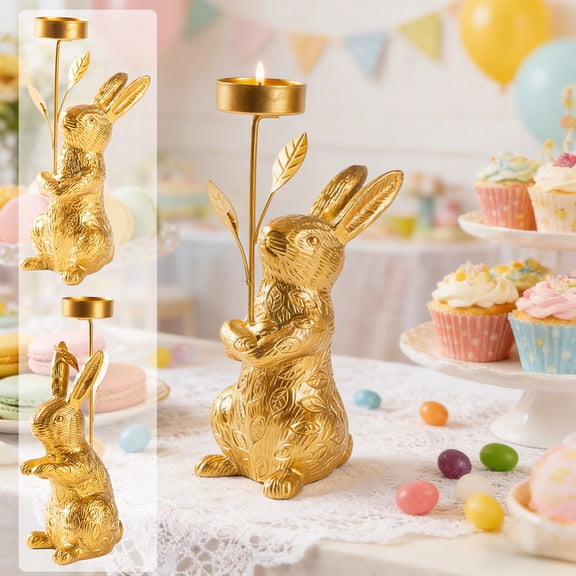 Tyidzon Easter Bunny Candle Holder, 7.8" Gold Alloy Rabbit Figurine Candlestick, Festival Candle Holder for Easter Table Centerpiece Mantel Home Decor