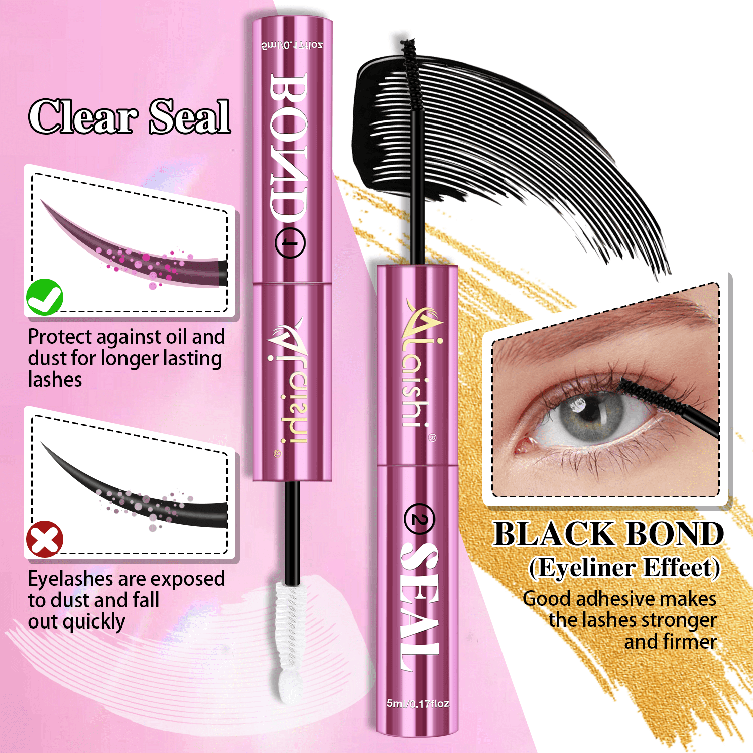 Lash Clusters Glue, Eyelash Bond and Seal, Long-Lasting 150H Waterproof, Non-Irritating Lash Extension Glue for DIY Individual Lashes at Home (Black-5ml+5ml)
