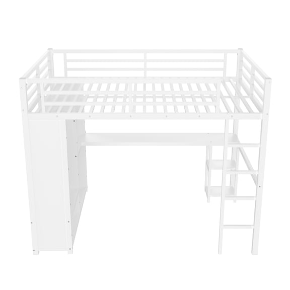 Queen size loft bed frame with built-in wardrobe, easy to assemble, sturdy and stable, metal loft bed with desk and storage shelf, white