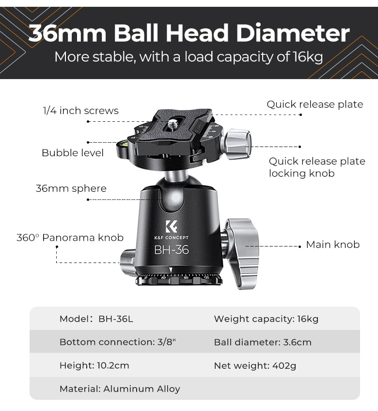 K&F Concept 68"/1.7m Carbon Fiber Camera Tripod, Professional Camera Tripod with 36mm Metal Ball Head Load,16KG/35.2lbs Travel Tripod for DSLR Camera