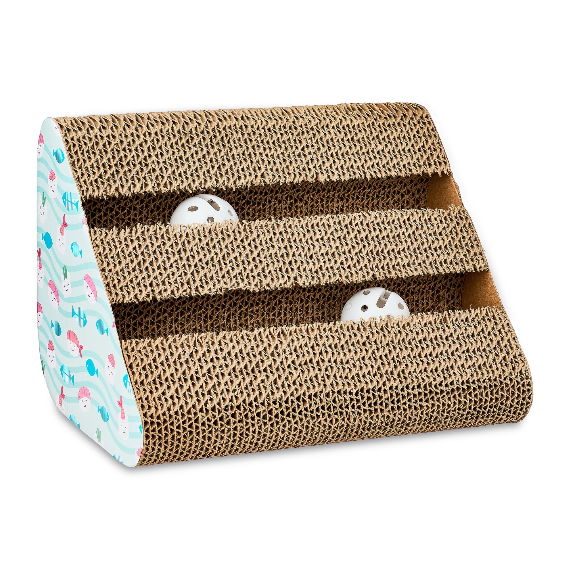 Vibrant Life Cat Scratching Pad, Corrugated Cardboard Activity Center, 3-Sided, Fish & Sushi Print, 7.5" x 10.5" x 7.5"