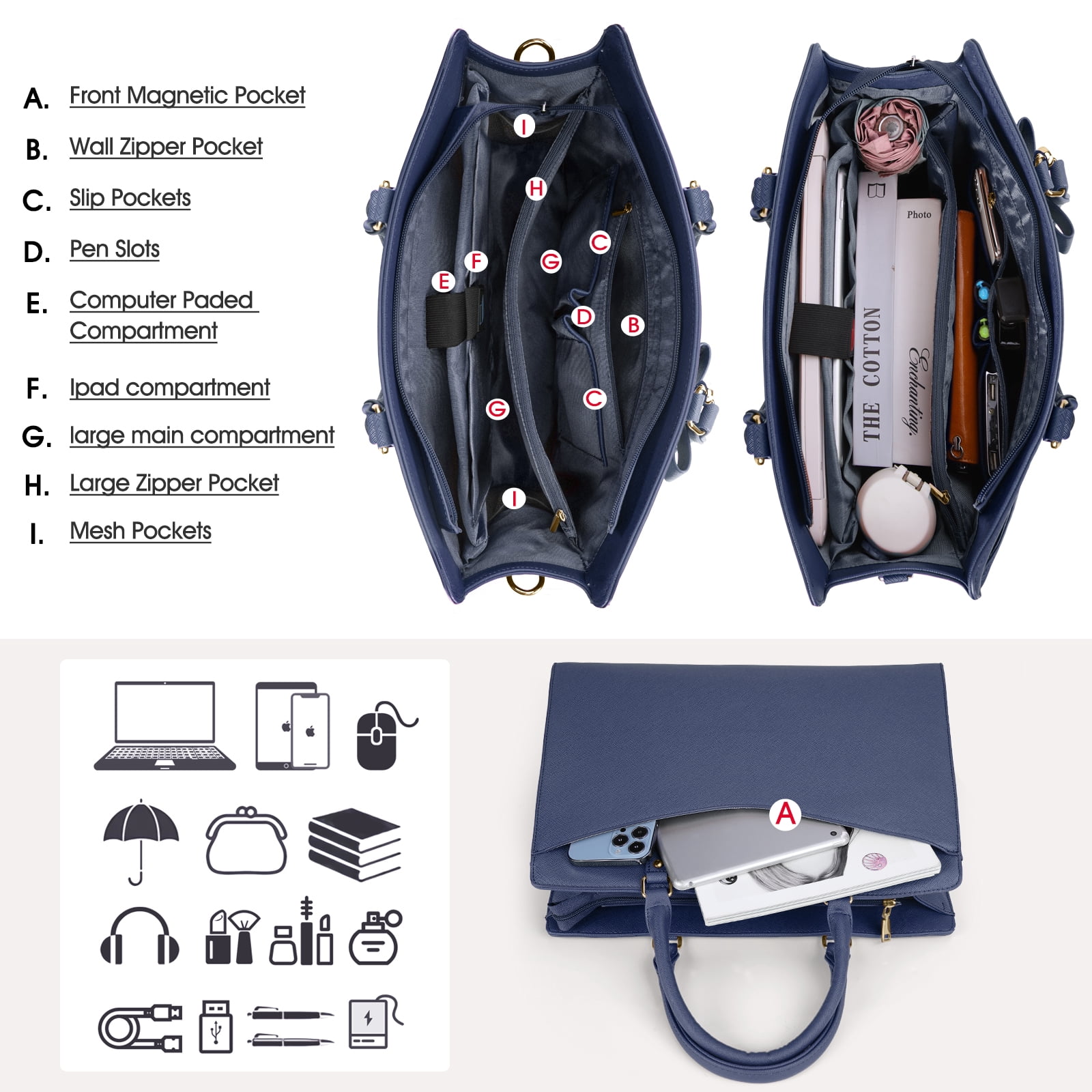 RAINSMORE Laptop Bag for Women 15.6 Inch PU Tote Bag Business Office Work Bag Waterproof Briefcase Computer Tote Lightweight Handbag Shoulder,Blue