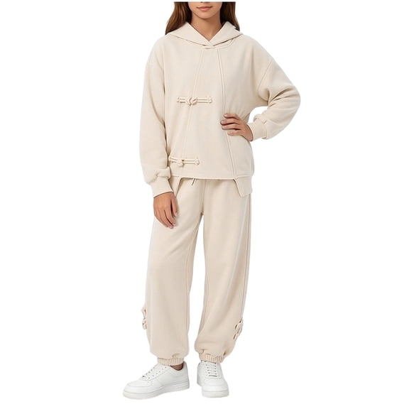 Girls Outfit Set Baggy Long Sleeves Hooded Sweatshirt Side Stripe Flare Pants 2 Piece Casual Lightweight Fashion Outfits White 13-14 Years