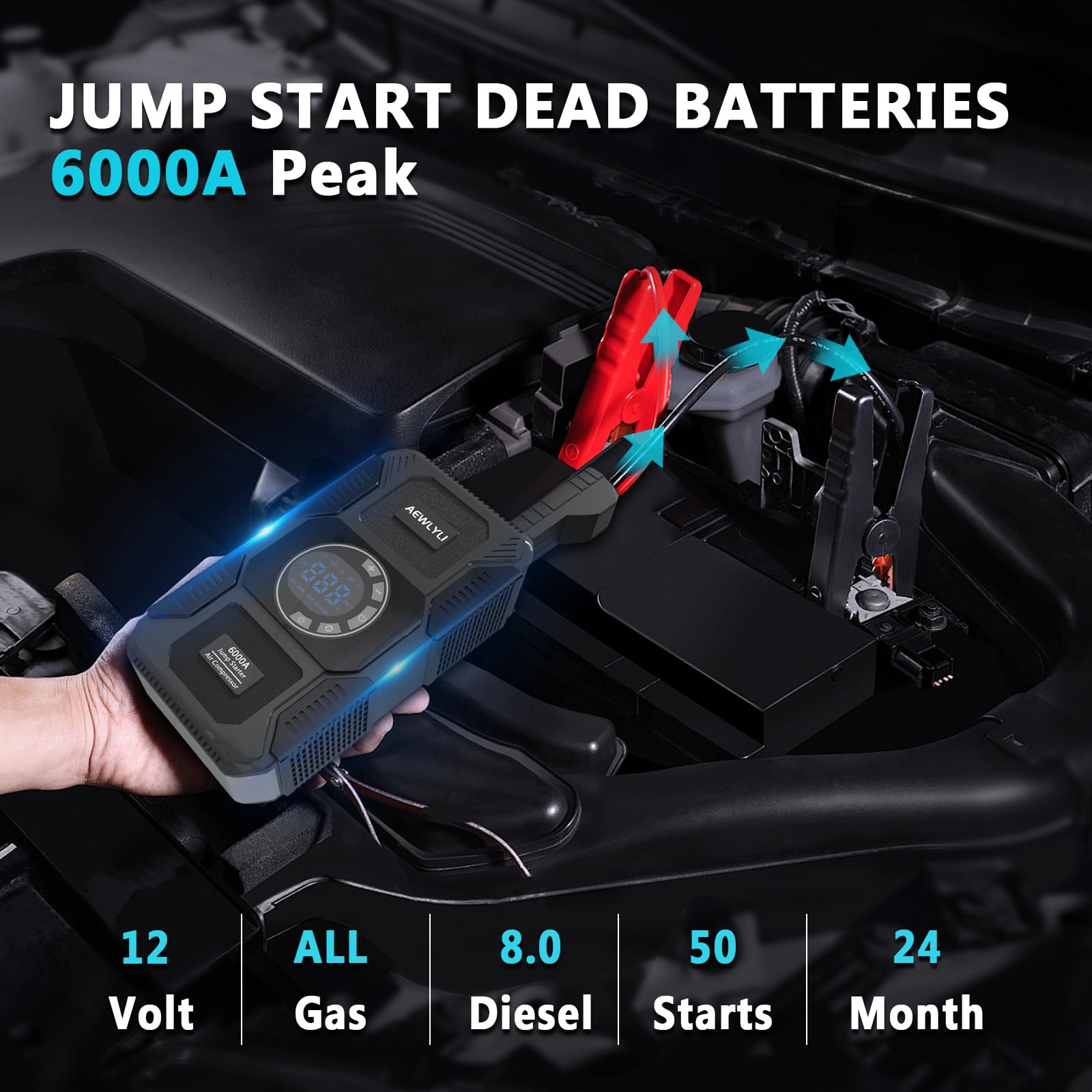 AEWLYLI Portable Car Battery Jump Starter with Air Compressor, 6000A 12V Jump Box, 150PSI Tire Inflator, LCD Display, LED Light, for Up to 9.0L Gas & 8.0L Diesel Vehicles