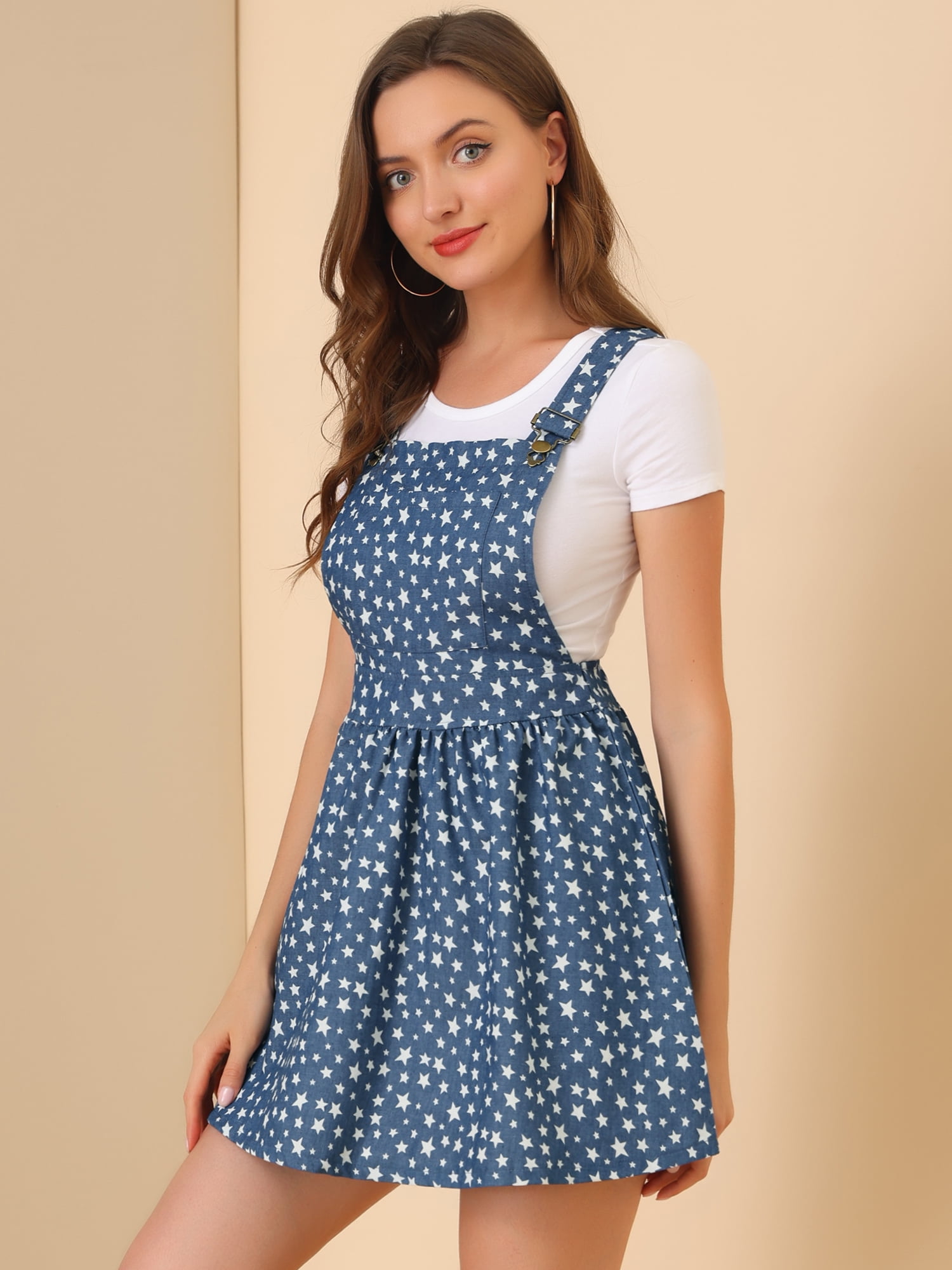 DARING DIVA Polka Dots Pattern Suspender Mini Overall Dress Skirt L Blue-Stars