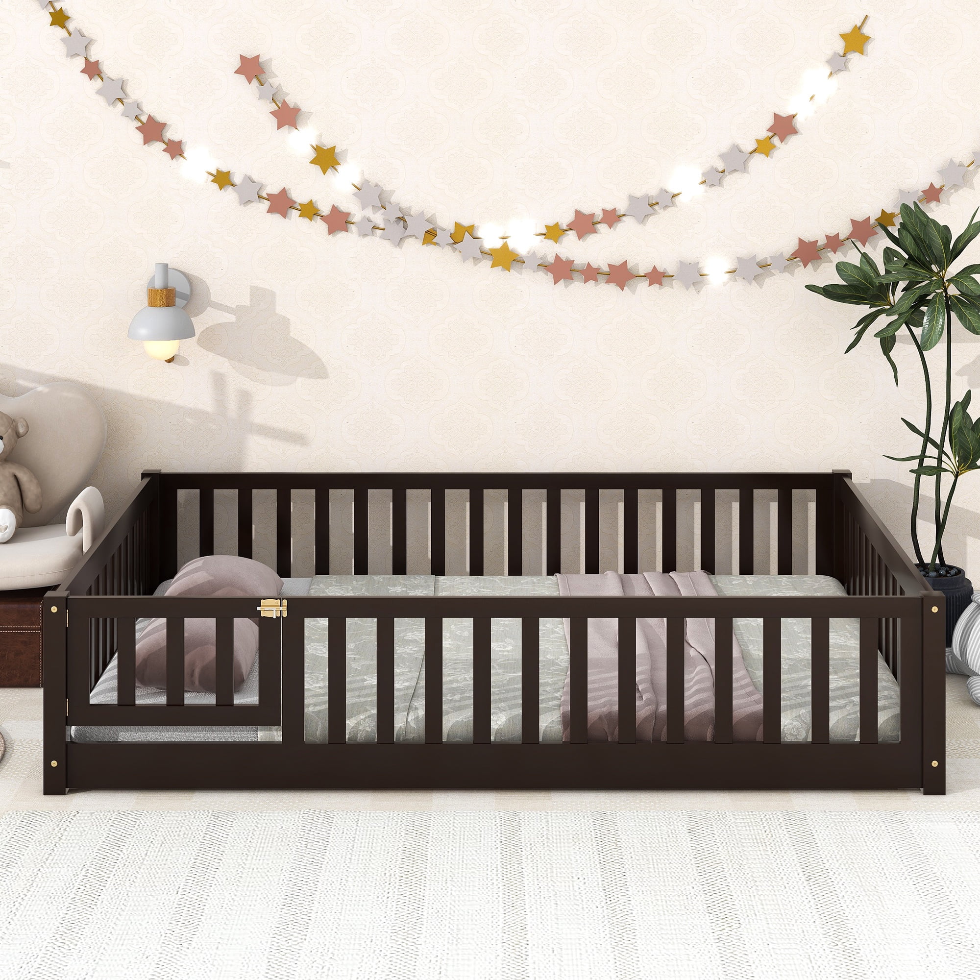 PAPROOS Full Montessor Floor Bed, Solid Wood Toddler Bed with Safety Guardrail and Door, Easy Assembly, Low-to-Floor Bed Frame with Slats for Kids, Espresso