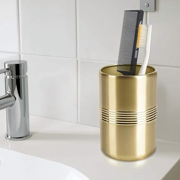 Stainless Steel Bathroom Tumbler Cup | Decorative Rinse Cup | Toothbrush & Makeup Brush Holder for Vanity Countertops,Sink & Desk | Gold Finish