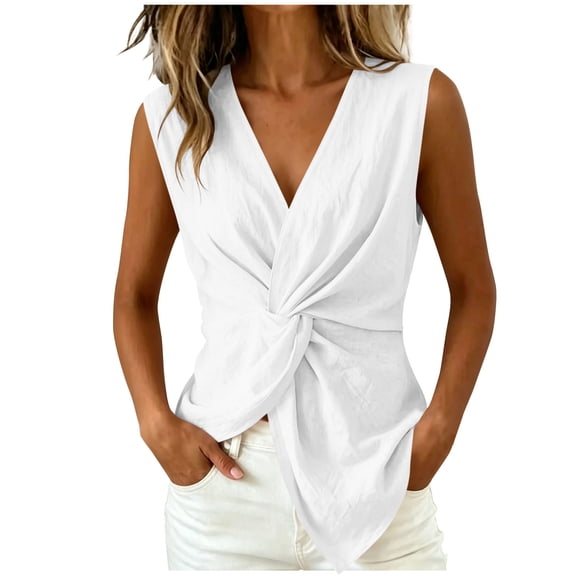 RQYYD Womens Sleeveless V Neck Tops Casual Twist Knot Blouses Linen Blend Wrap Tank Tee Shirts Daily Clothes