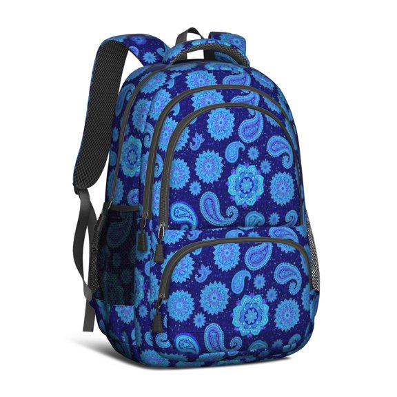 Paisley and Floral Blue Pattern Cute School Backpack Bag with Padded Back and Adjustable Shoulder Straps 16.9 X 12.6 X 5.9 Inches