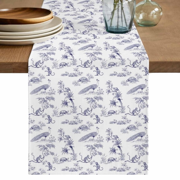 Farmhouse Monkey Table Runner 72 Inches, Vintage Blue Plants Rustic Turtles Peacock Bed Runner Dresser Scarves Tabletop for Indoor Outdoor Parties/Ceremony/Banquet, 13" x 72"