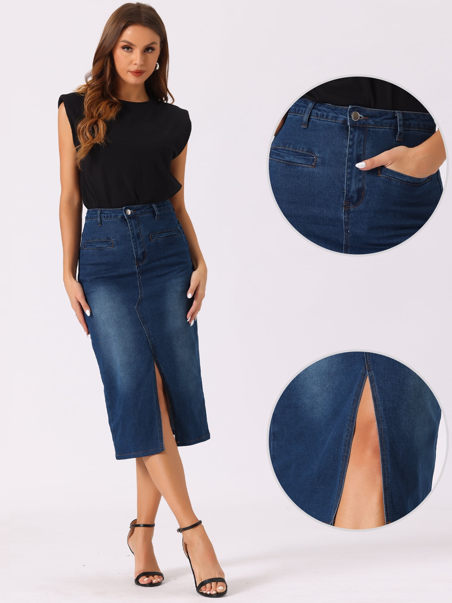 DARING DIVA Women's Slit Front Washed Jean Midi Skirts with Pockets XL Dark Blue