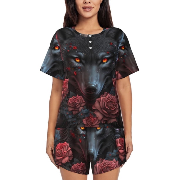 Fotbe Rose Full Moon Black Wolf Conjunto de Pijama Estampado para Mujer, 2 Piezas, Ropa de Dormir con Camiseta de Manga Corta y Shorts Suaves-XX-Large