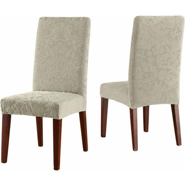 Sure Fit Stretch Jacquard Damask Short, Subrtex Stretch Dining Room Chair Slipcovers 4 Creme Jacquard