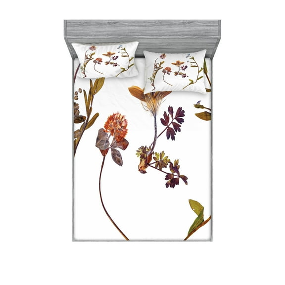 Ambesonne Flower Fitted Sheet & Pillow Sham Set, Lilacs Daisises Tulips, Full, Multicolor
