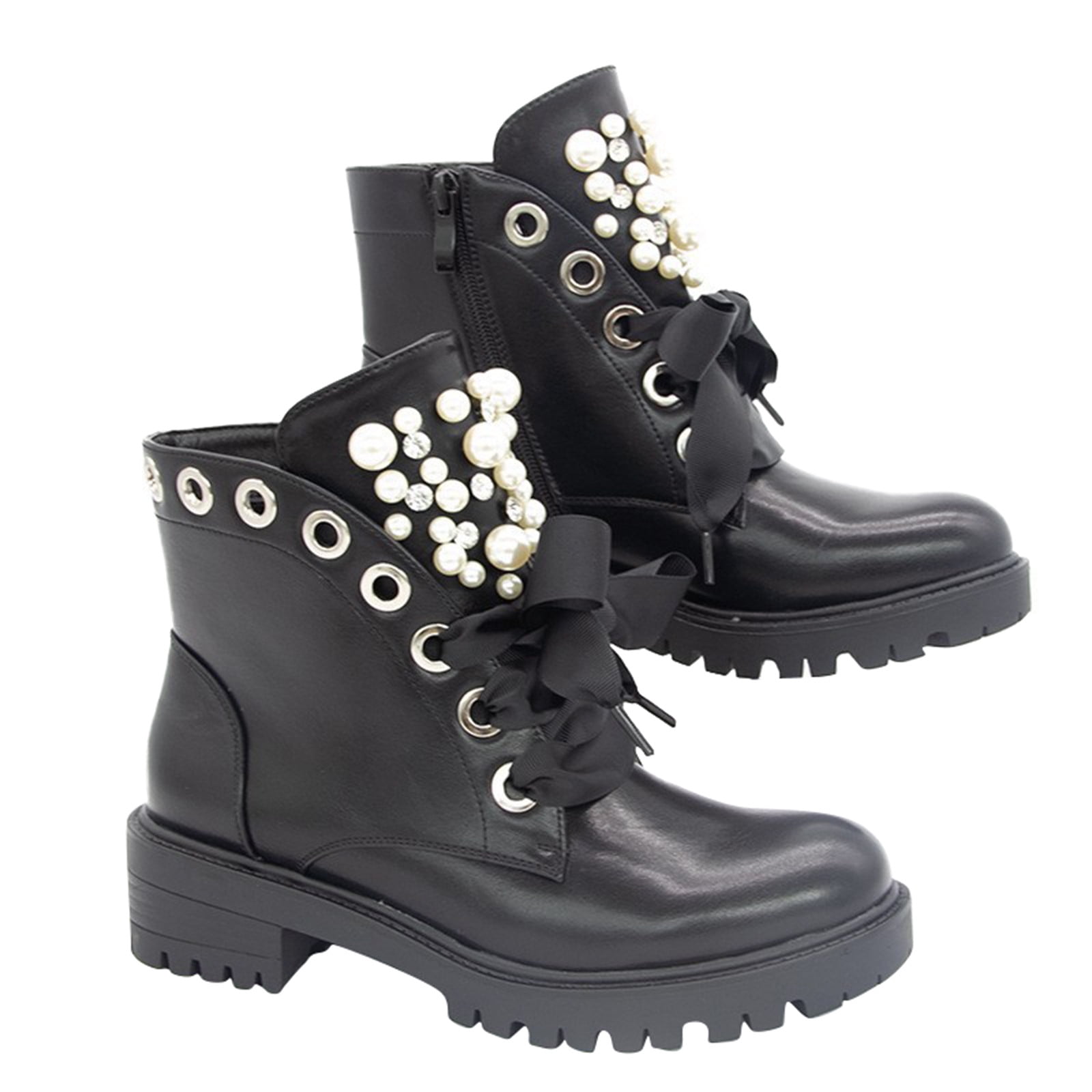 أعجوبة حمل الكبريت  AL-631063641029 Women's fashion with pearl thick flat heel round toe short  boots black 38 - Walmart.com