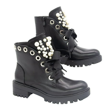 

Yeleire Women s Ankle Boots Thick Flat Heel With Pearl Boots Fahsion Leather Short Boots