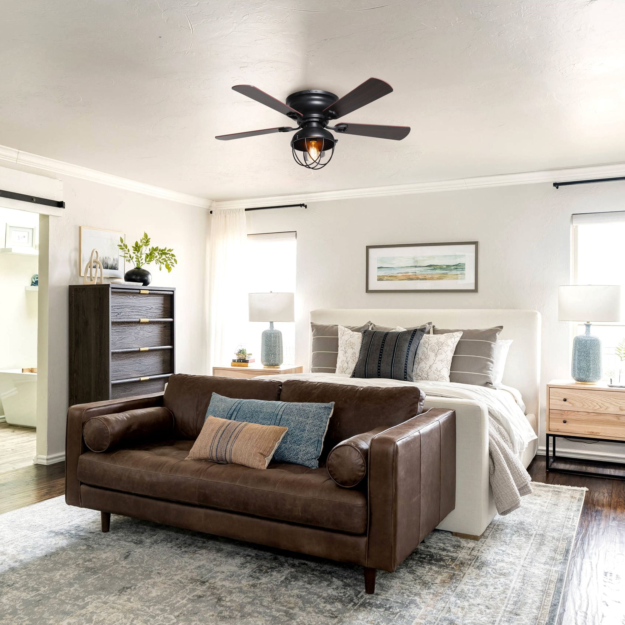 42" Modern Farmhouse Black Caged Flush Mount Ceiling Fan with Light and Remote Control