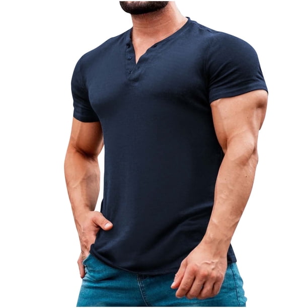 Blusa de Manga Corta de los Hombres de Color Sólido Cuello Redondo Casual Top, Ligera Camisa de Ocio Botón de Poliéster para Primavera Verano Diario Y Al Aire Libre