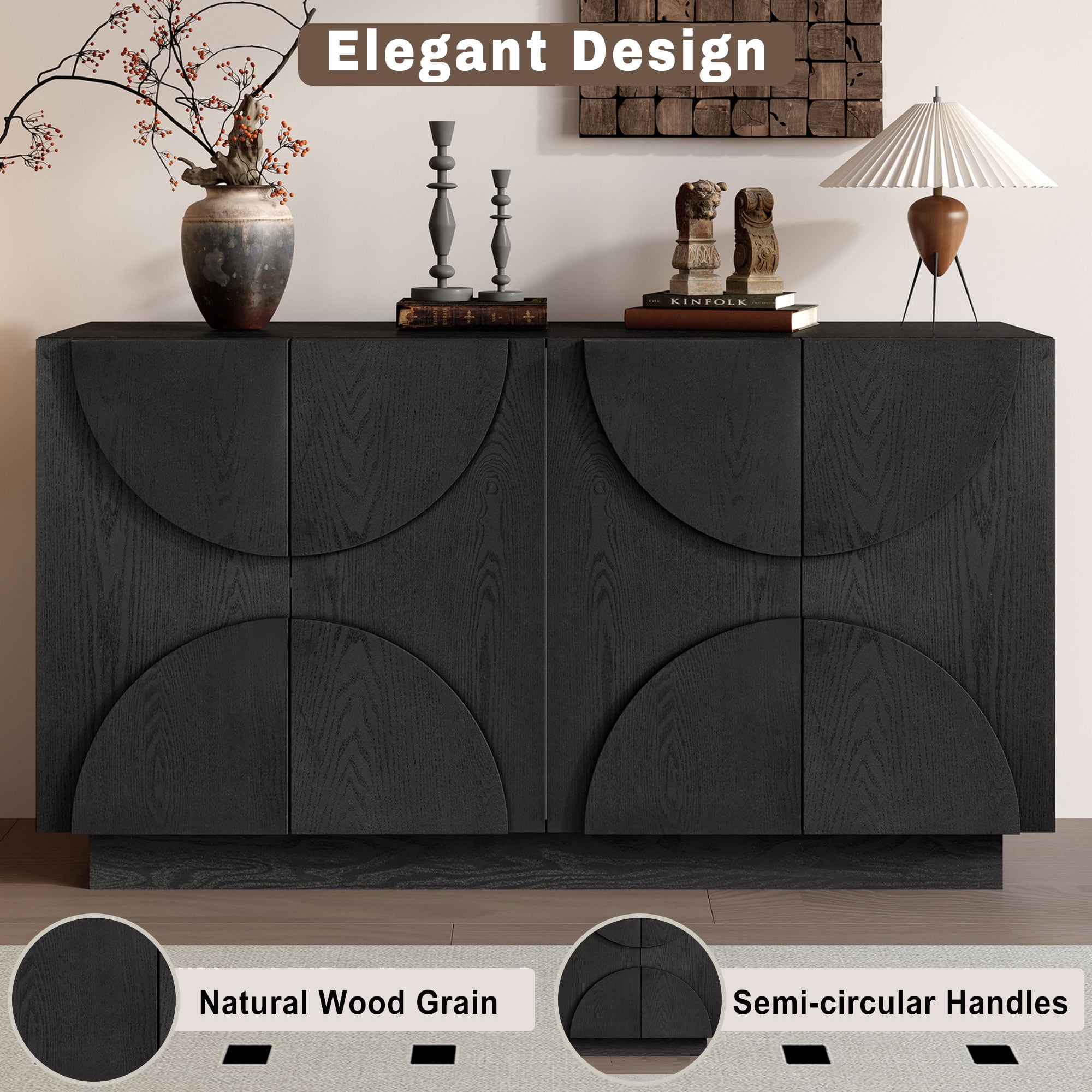 PORKISS Sideboard Buffet Cabinet with Storage, Modern Coffee Bar Credenza with 4 Semi-Circular Doors, Wood Entryway Cabinet with 3-Level Adjustable Shelves for Dining Room, Kitchen, Black