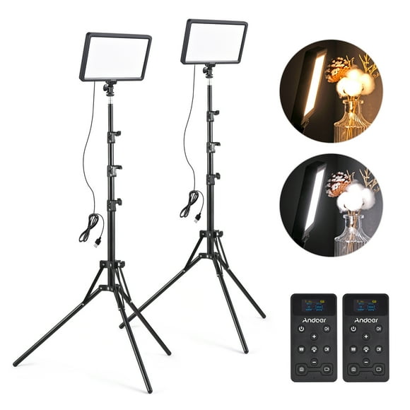 Andoer Photography Light Kit with 2 * VL192 LED Video Light Panel 2500K-9000K Dimmable Type-C Power+ 2 * Remote Controllers + 2 * Cold Shoe Adapters + 2 * 185cm/72.8in Light Stands for YouTube Studio