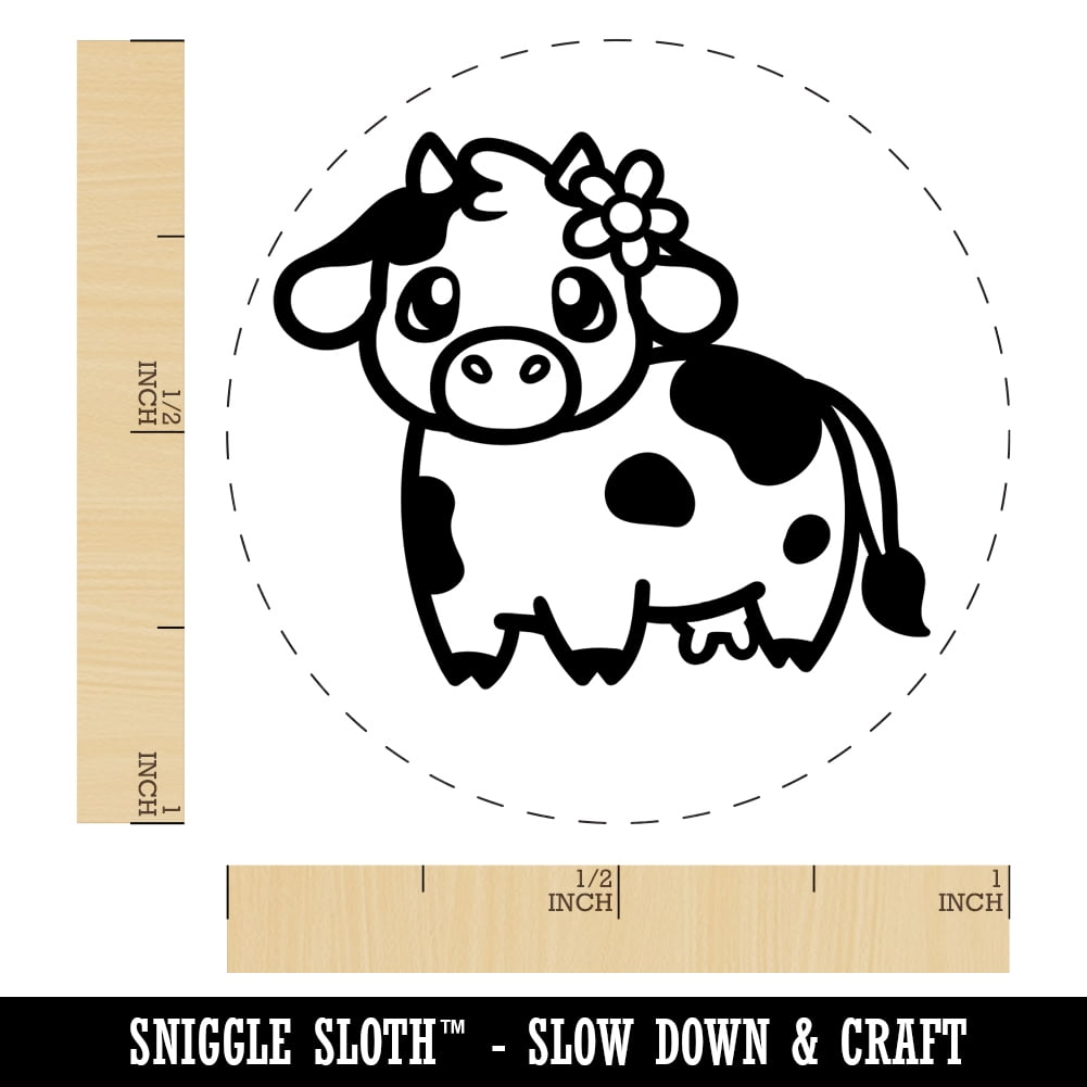 Darling Cow with Flower Self-Inking Rubber Stamp Ink Stamper - Black Ink - Large 1-1/2 Inch
