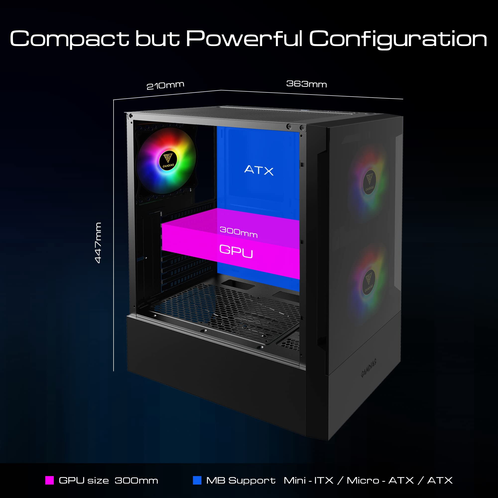 TALOS E3, ATX PC Case, Black Gaming Case with 3 Built-in 120mm ARGB Fans, Tempered Glass Panels by Gamdias