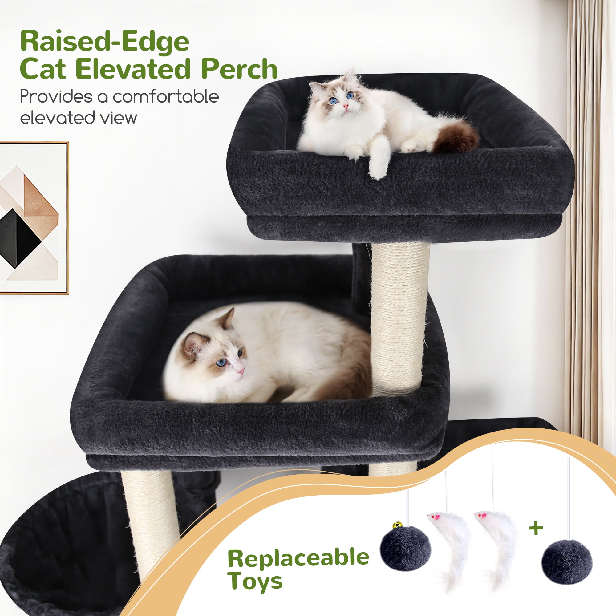 Globlazer Big Cat Tree Tower，85in Multi-Level Tall Cat Tree Tower Indoor for Multiple Adult Cats with Scratching Post, 3 Perches, 3 Condos, 2 Hanging Basket, S85,Dark Gray
