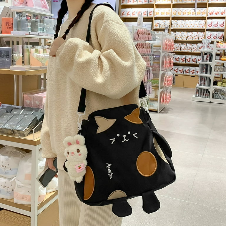 Checked Funny Black Cat Shoulder Bag | Kawaii Cute Crazy Cat Lady Bag 17 x 11 / Black