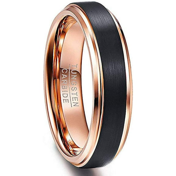 6mm Tungsten Rings for Men Women Black Rose Gold Wedding Band Brushed Center Step Beveled Edges