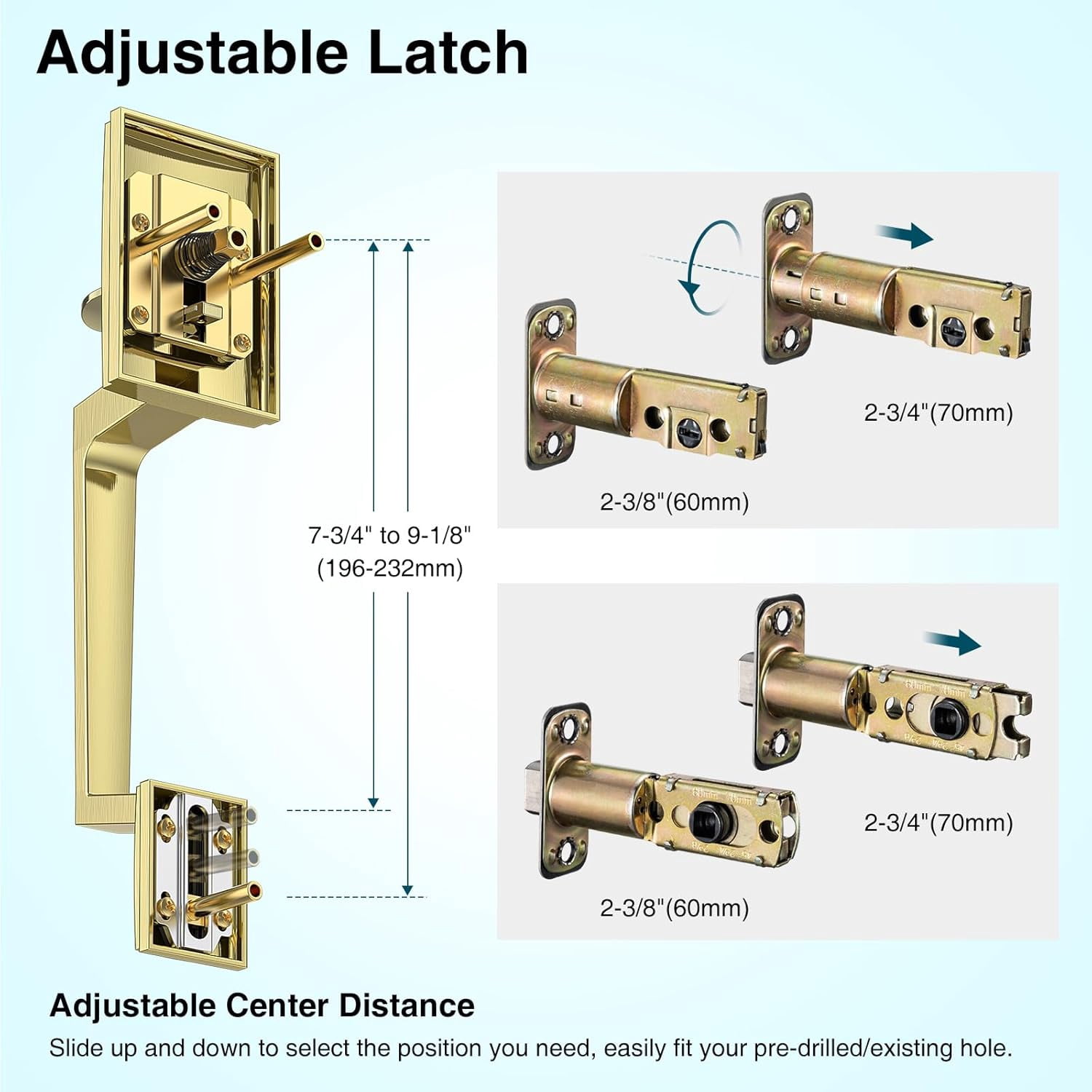 Satin Brass Front Door Handle and Deadbolt Set, Front Door Lock Set with Crystal Glass Door Knob, Exterior Door Lock Set with Single Cylinder, Reversible for Right & Left, Gold