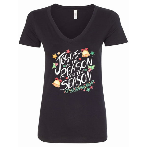 Inktastic Jesus is the Reason for the Season Christmas Bells and Stars Women's V-Neck T-Shirt