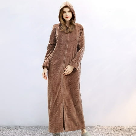 

2022 warm pajamas for women Fall/winter Zipper Bathrobe Hooded Nightgown Padded Pajamas Flannel Ladies Long Nightgown Coffee M