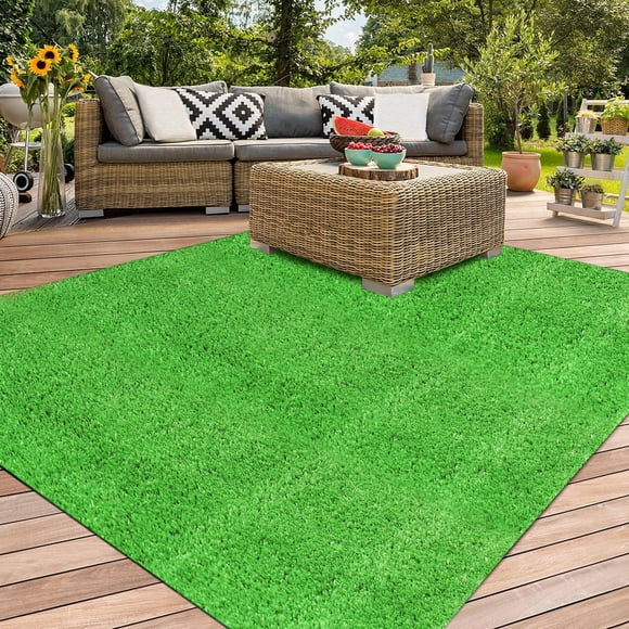 XLX TURF Outdoor Grass Area Rug 4FT X 4FT, Green Squares Synthetic Turf Floor Mat for Balcony, Patio, Yard, Pets Dogs Grass Pad