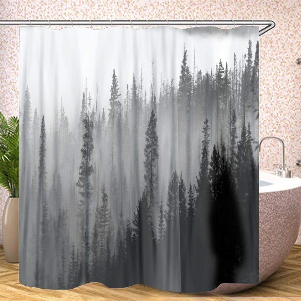 Forest Shower Curtain for Bathroom Foggy Mountain Green Pine Tree Woodsy Misty Cloudy Nature Men