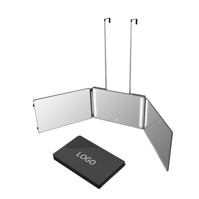 LED-Lit Folding Three-Sided Mirror with Charging Function - Hanging Design for Makeup & Haircut, Portable Travel Vanity Mirror with Metal Hook, Black, Multi-Angle View, Cosmetic Storage Organizer,