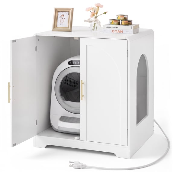 Janflyhome Litter Box Enclosure for Automatic Self Cleaning Litter Box Robot 3/4, with Power Outlet and Charger, White