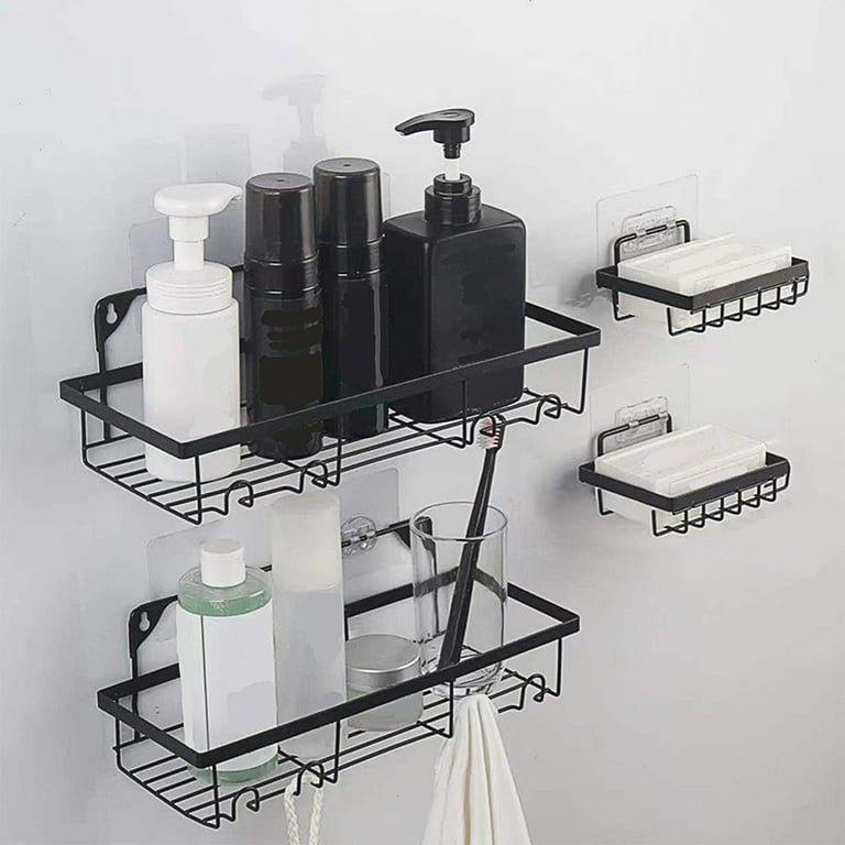 Gustve 5 Pcs Shower Caddy Set Sturdy Metal Wall Mounted Shower Shelf No-Drilling Adhesive Bathroom Shower Organizer Multifunctional Shower Storage