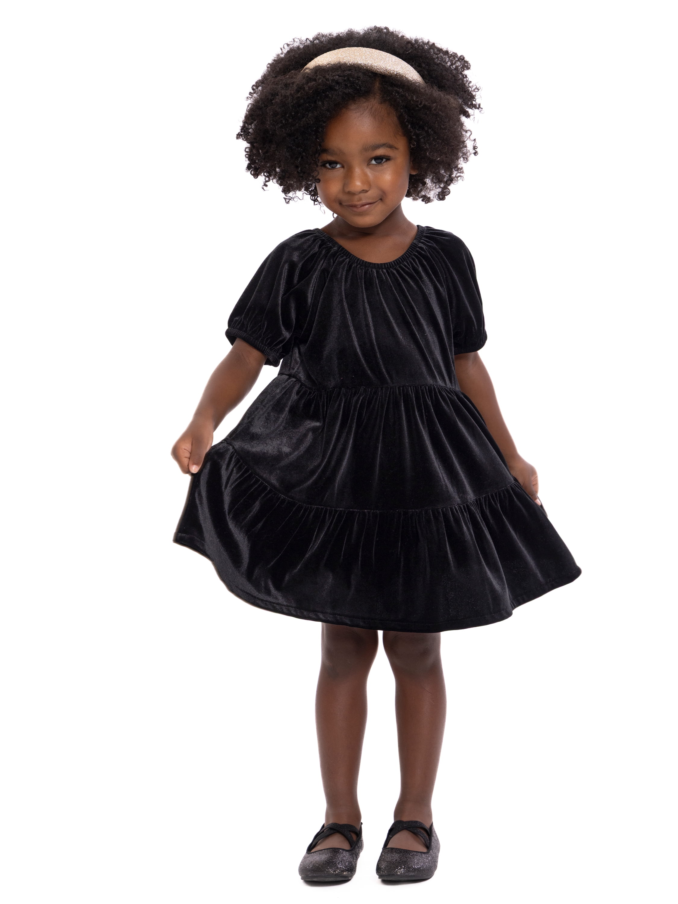 Wonder Nation Toddler Girls Tiered Velvet Dress with Puff Sleeves, Sizes 12M-5T