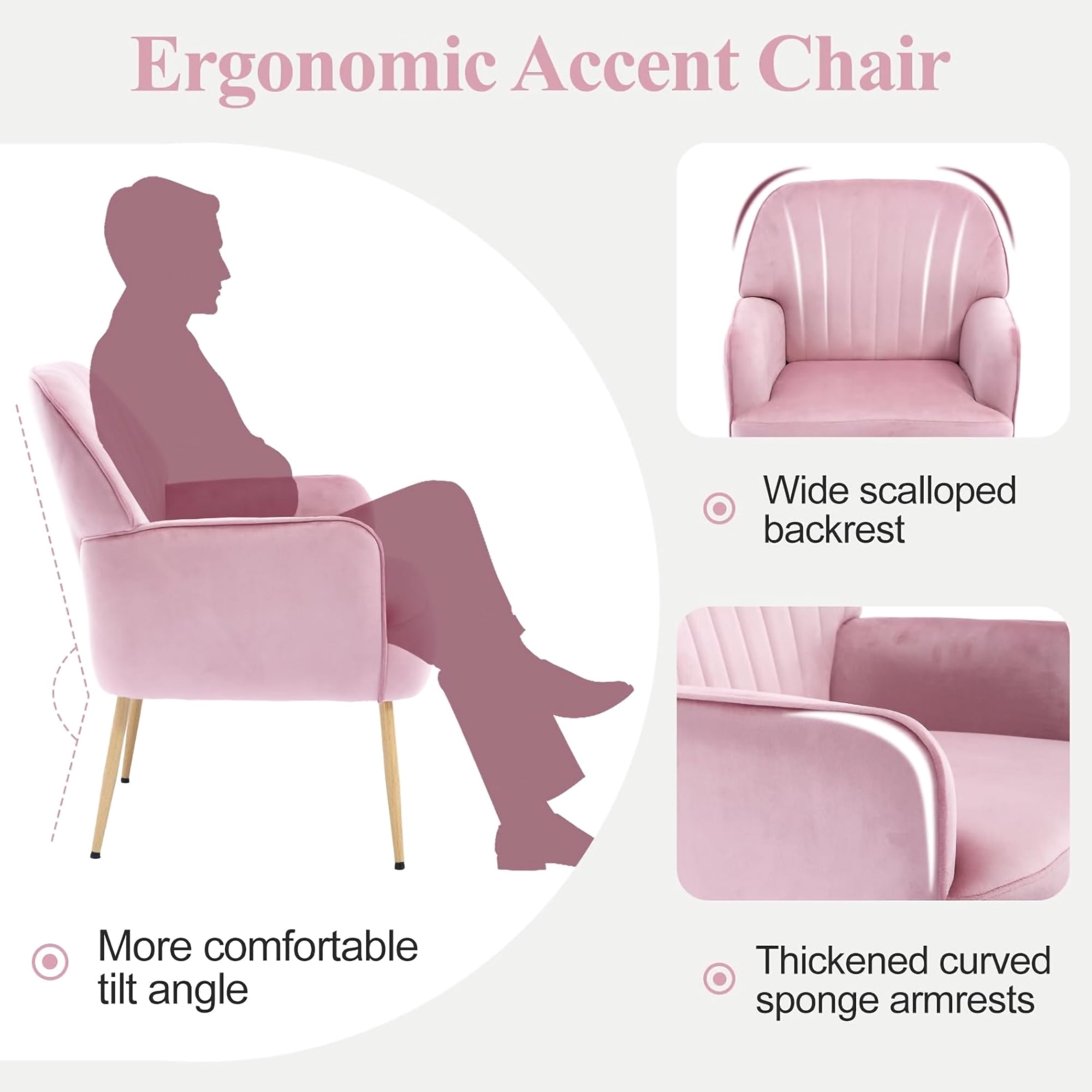 Modern Accent Chair with Velvet Fabric, Soft Ergonomic Upholstered Armchair Comfy Single Sofa Lounge Chair for Living Room, Apartment, Office,Pink