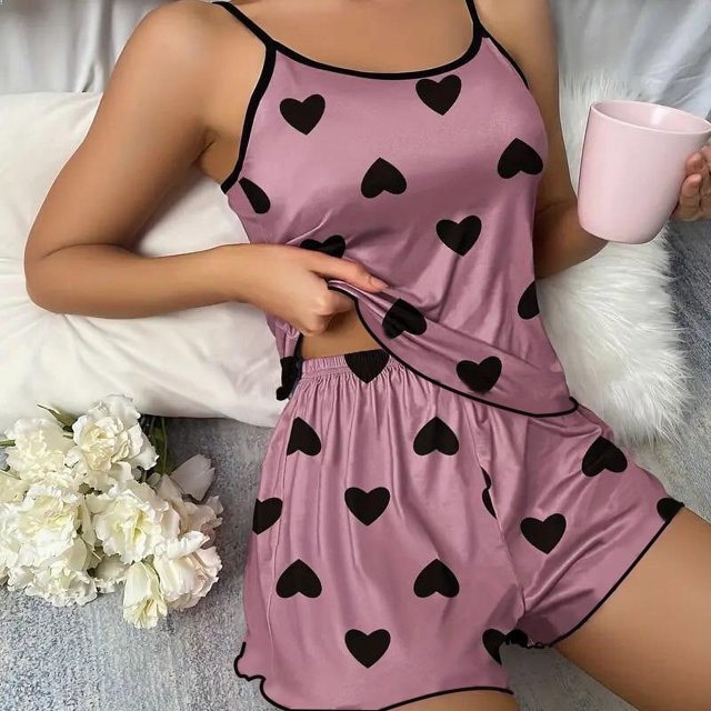 Ensemble de Pyjama pour Femmes T-shirts Shorts Roses en Forme de Cœur Col Rond T-shirt en Soie Glacée Confortable Décontracté Été