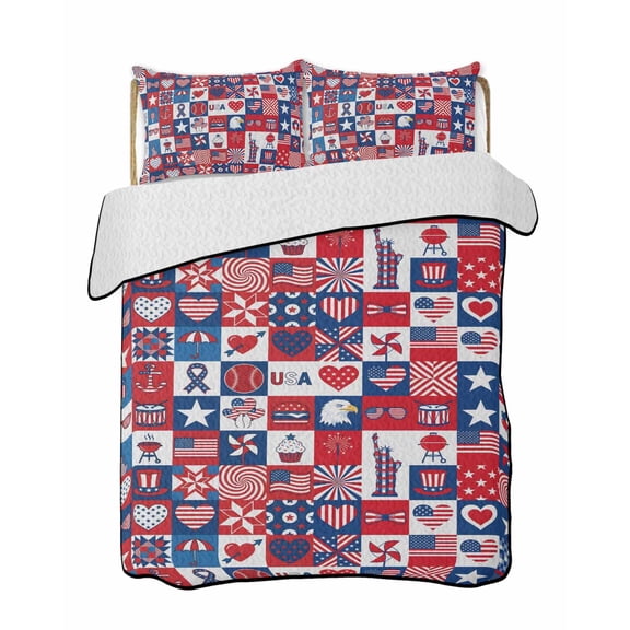 Quilts Queen Size Bedding Set, 4th of July Reversible Summer Quilt 3 Pieces, Red White and Blue Plaid Patriotic Memorial Day Lightweight Bedspreads Coverlets with 2 Pillow Shams for All Seasons