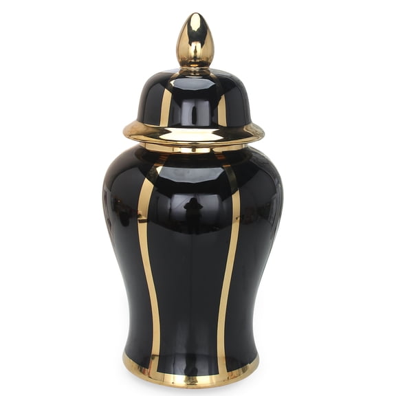 Regal Black Linear Gilded 14" Ginger Jar with Removable Lid