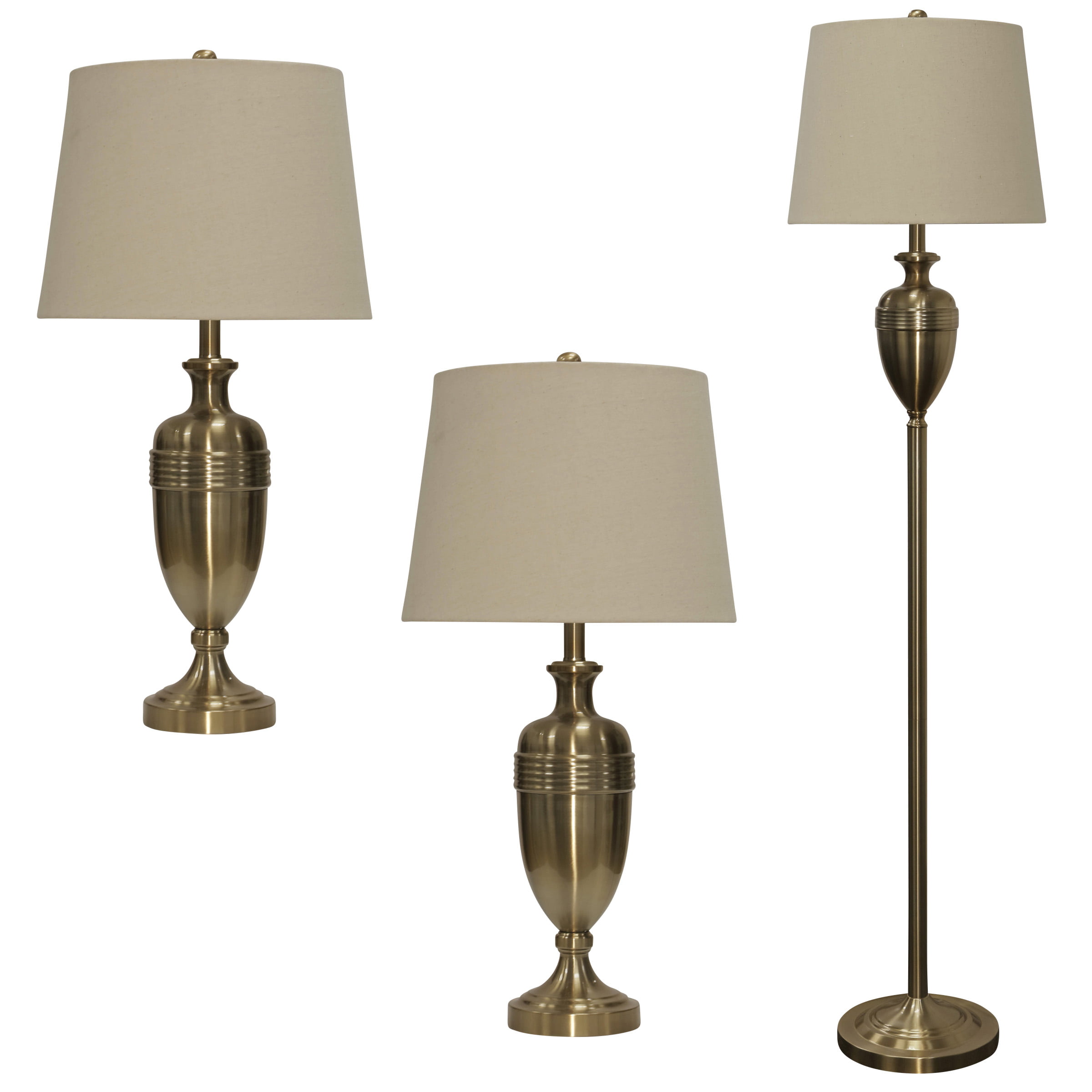 Antique Brass Table and Floor Lamp Set - Beige Shade - Antique Brass