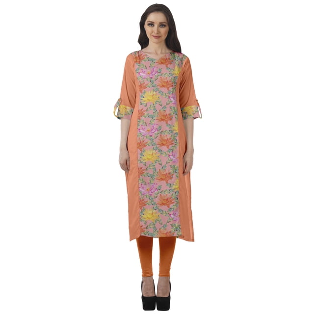 Moomaya Tunique Droite en Coton Imprimé Manches Retroussables Robe Kurti Décontractée pour Femmes
