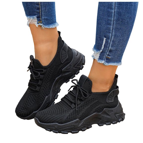 Women's Platform Running Shoes Breathable Lace Up Tennis Shoes Lightweight Non Slip Mesh Slip on Sneakers Black Size 6.5