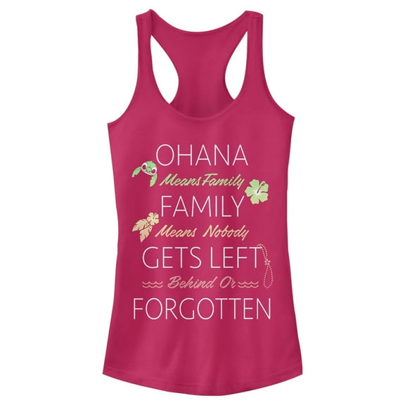 Junior's Lilo & Stitch Stylized Ohana means Family Quote Racerback Tank Top Dark Pink X Small